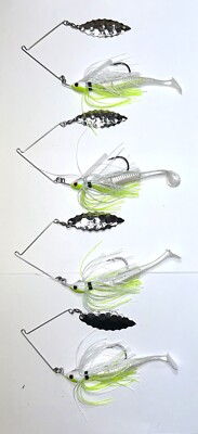 Spinnerbaits  WEEDLESS 4 Total:  WHITE/CHARTREUSE  2-3/8  2-1/2 w/Trailers