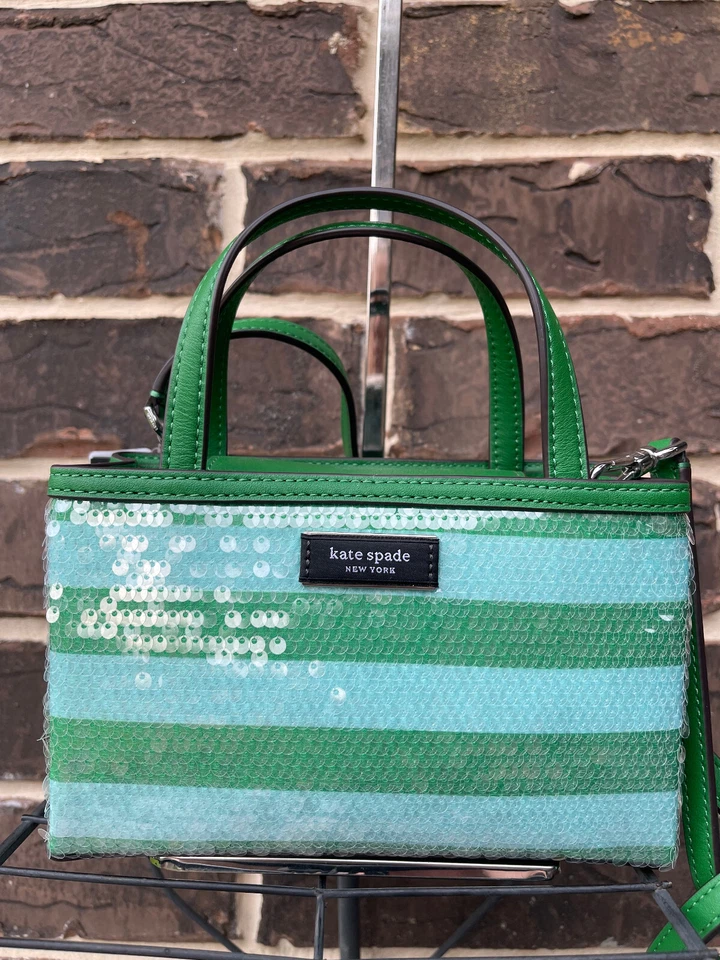 Nuevo con etiquetas $298 Bolso de Mano Kate Spade Sam Icono Rayas Lentejuelas Verde Mar KB963