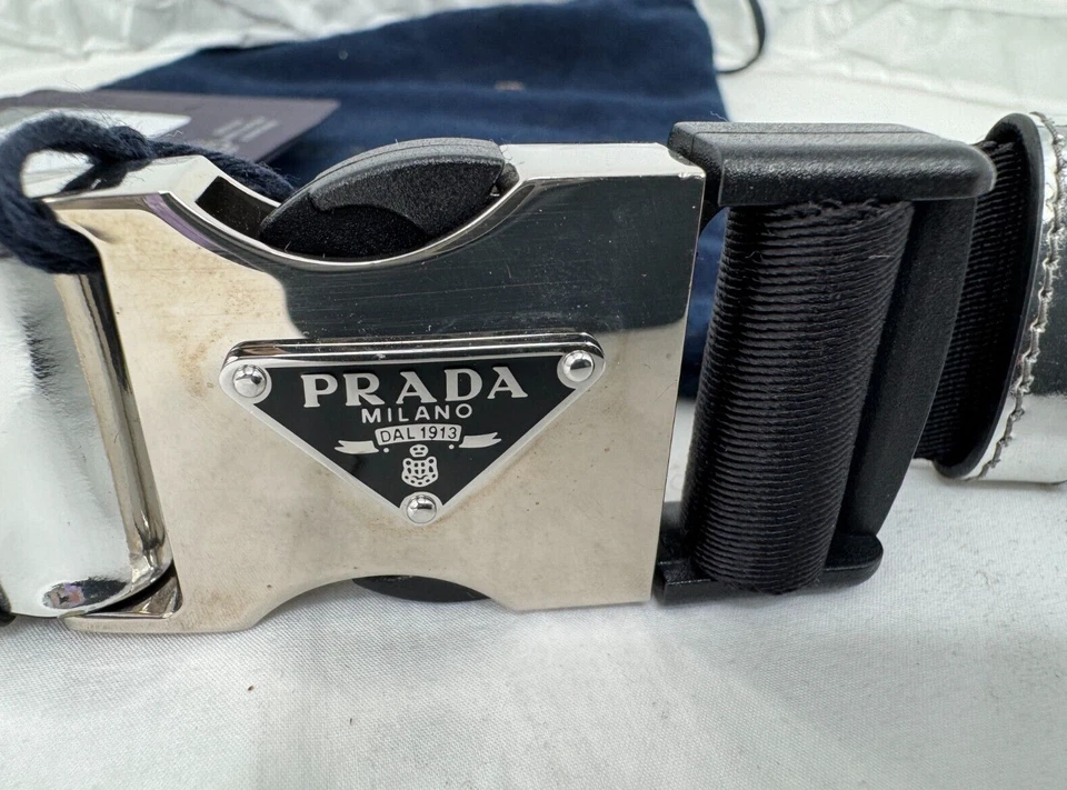 NWT Prada Argento Metallic Silver Leather Silver Triangle Logo Buckle Belt Sz 95 - Image 2 of 4