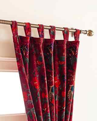 Red Color Bird Print Velvet Curtain, Boho Curtain, luxury Drapes Window Curtain