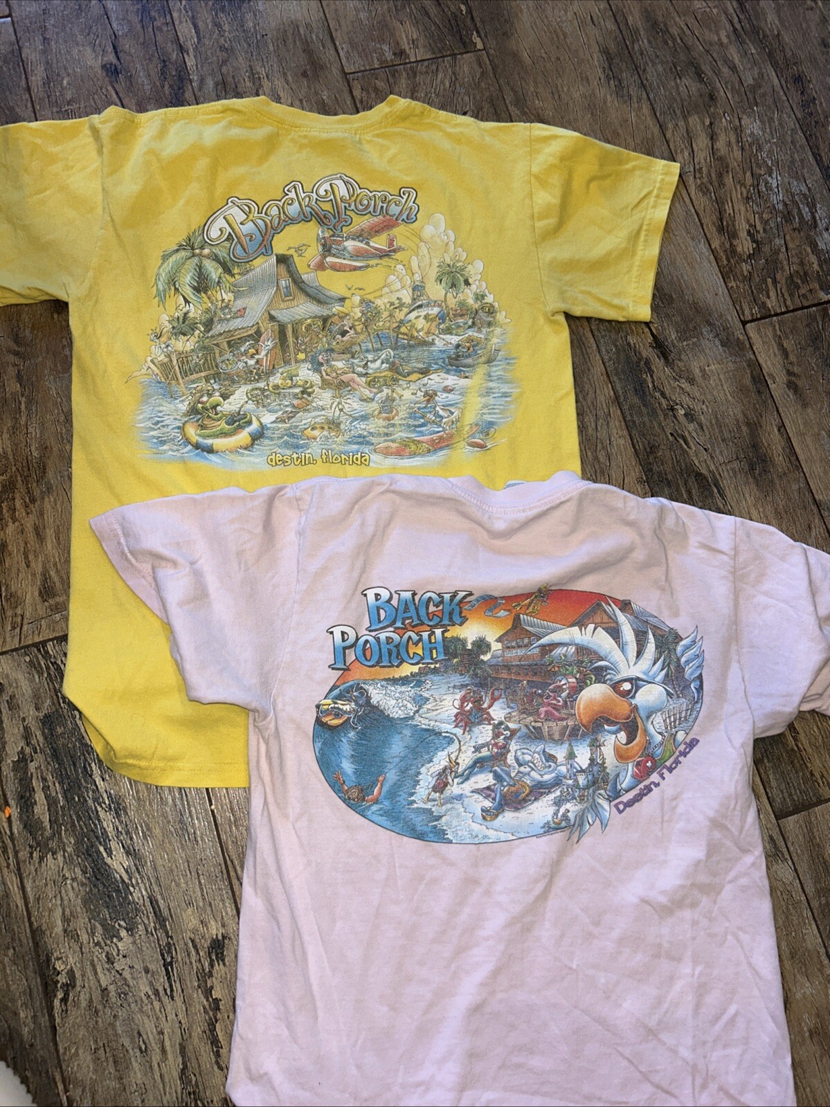2 Vintage THE BACK PORCH Shirt Small Destin Florida PINK Double-Sided Dolphin