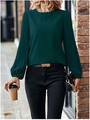 Green LUNE Solid Pleated Lantern Sleeve Blouse Top Sz S M L XL