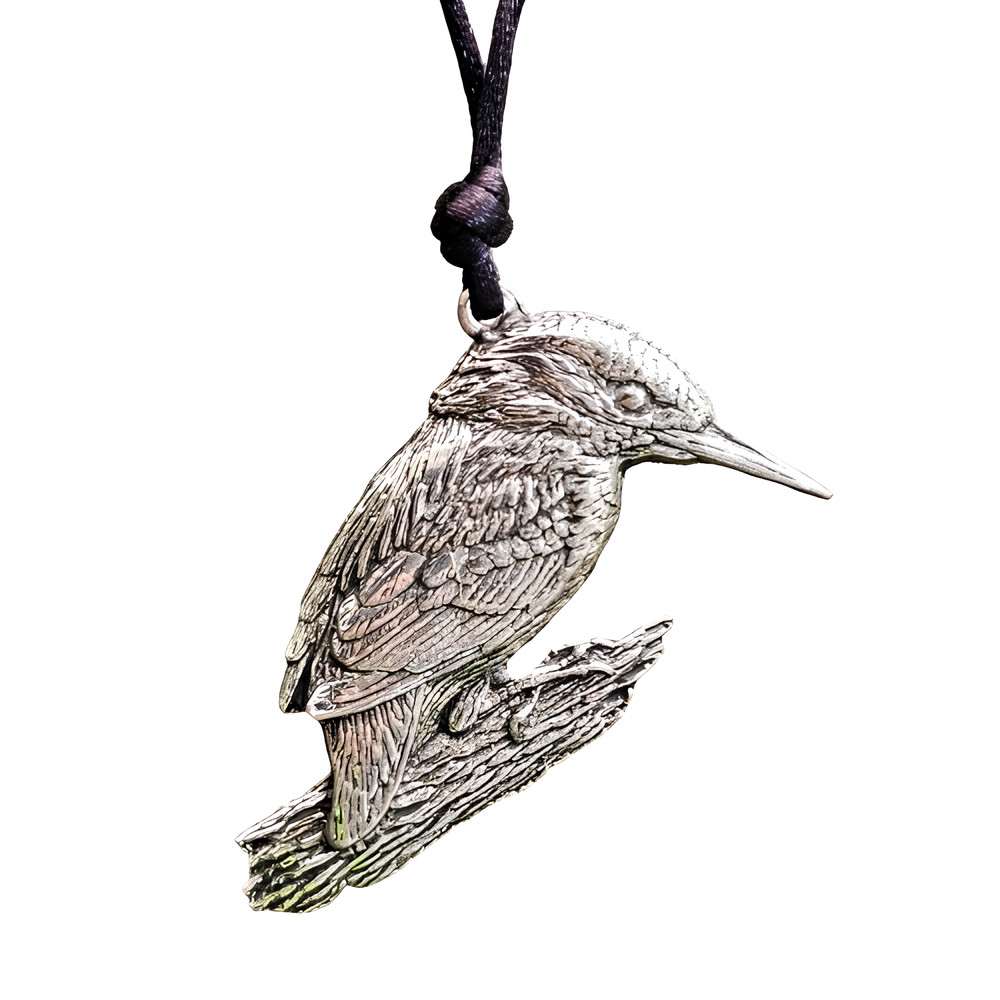 Kingfisher Pendant Pewter On Branch Corded Necklace Beautiful Bird Jewellery