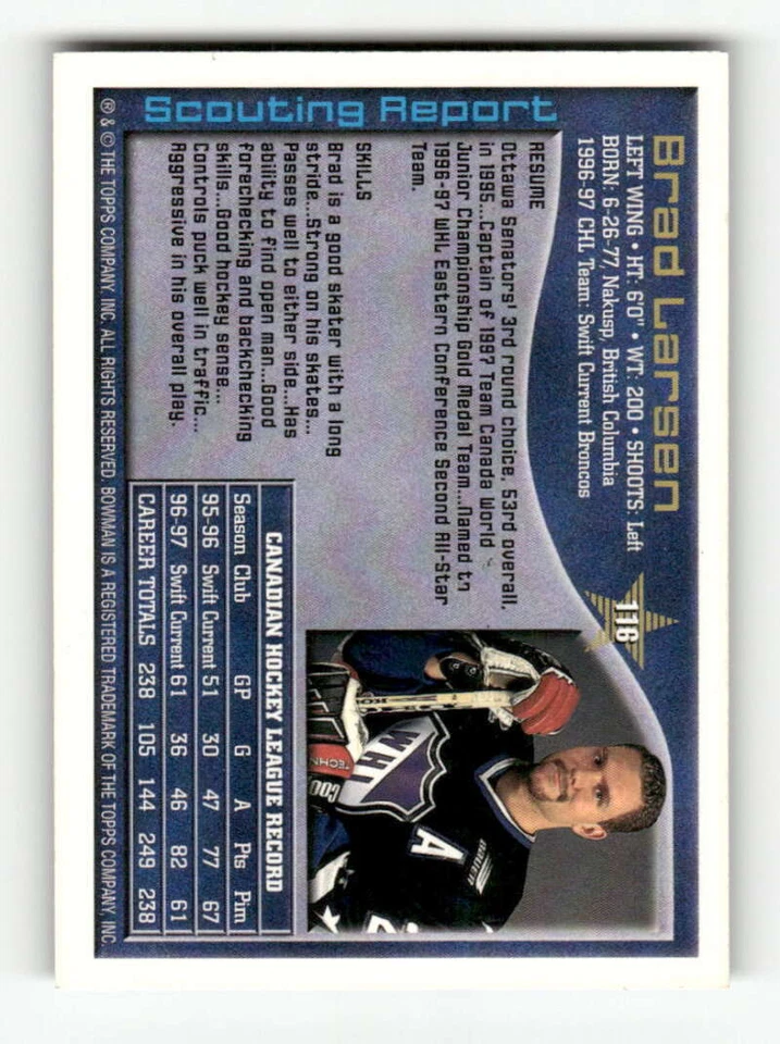 1997-98 Bowman CHL 116 Brad Larsen signed auto autograph  BXCP33 - Image 2 of 2