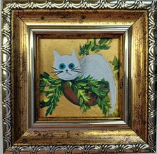 White cat Painting Framed original art Funny cute kitten in a vase with flowers