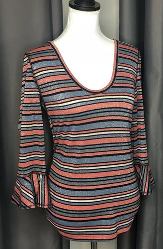 Women's Free People 3/4 Bell Sleeve Top Size Large Multi-Color Metallic Striped - Picture 5 of 5