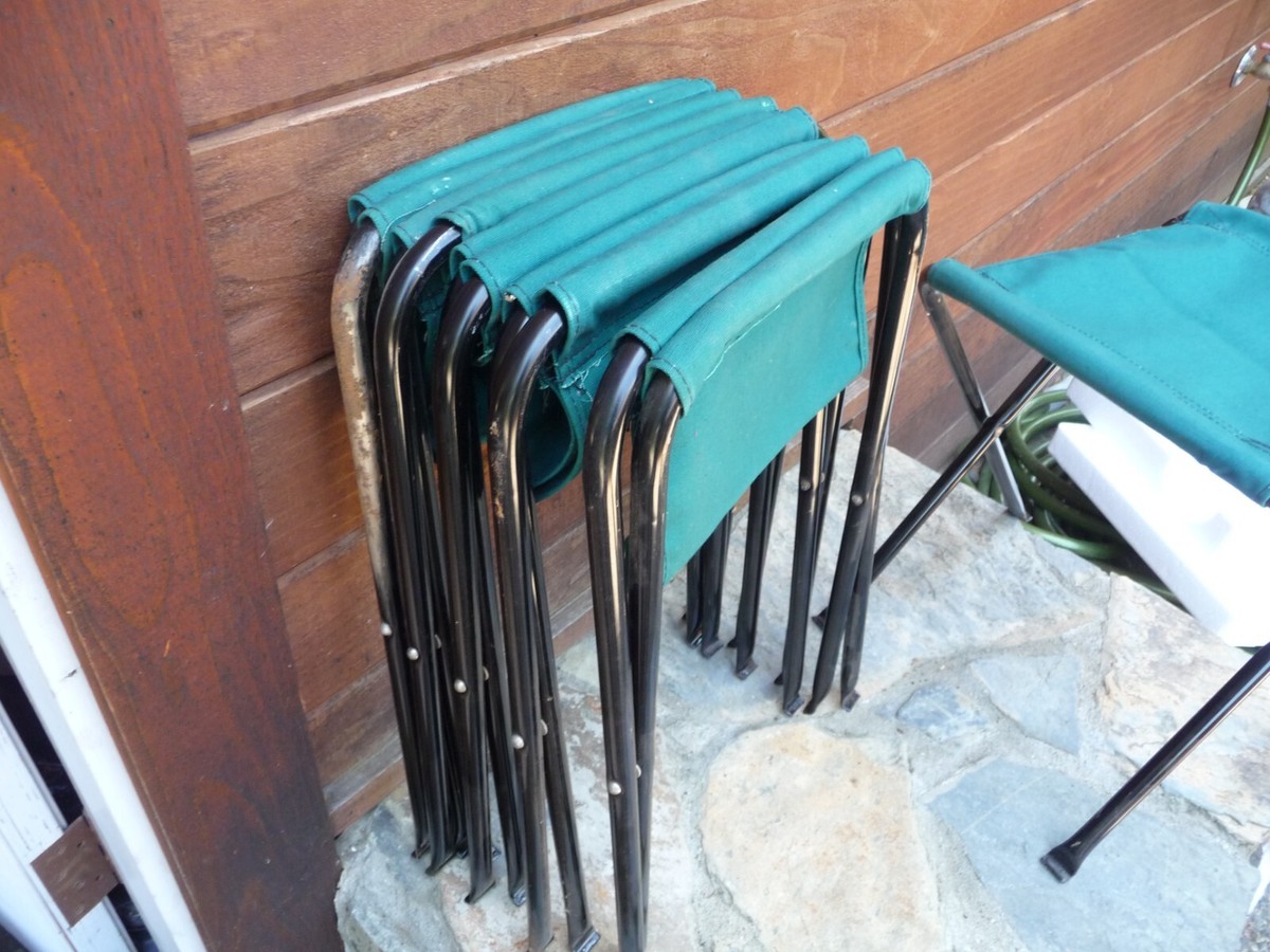 6 Vintage Coleman Lik Green Metal & Canvas Folding Camp Stools