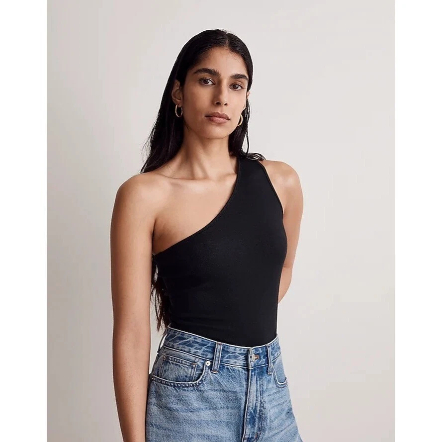 Madewell Brightside Rib One-Shoulder Tank Top Slim Fit True Black  