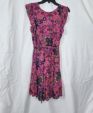 Loft Pink Mixed Floral Tie Flutter Sleeve Ruffle Hem Career Preppy Dress Size S
