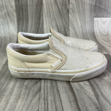 Vans Girls Skate Sneaker Casual Canvas Beige Sequins Slip On Round Toe 2.5M