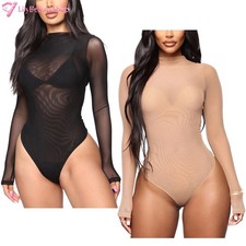 Women's Mesh Bodysuit Long Sleeve Sheer Jumpsuit Leotard Tops Shirts Underwear