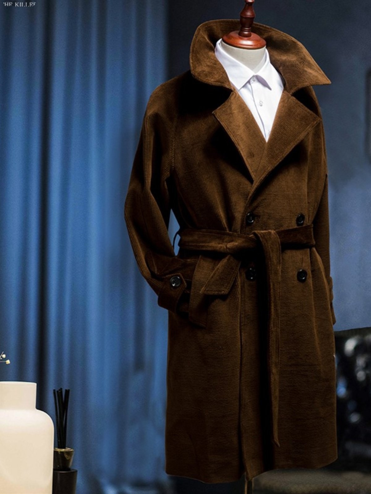 Corduroy 100% Cotton Men Double Breasted Overcoat Long Trench Coat Retro British