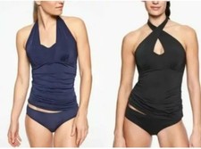 NWOT Athleta Blue 34 B/C Bra Wire Cup Halter Wrap Tankini Top Swimsuit Rouched