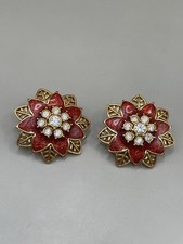 VTG AVON Poinsettia Christmas Red Enamel Goldtone Clear Rhinestone Post Earrings