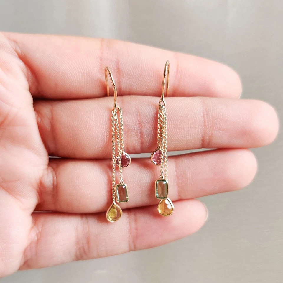 1.62ct Natural Tourmaline Earrings 14K Gold Dangle Minimalist October Birthstone - Image 4 of 4