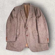 Vintage 80s Harris Tweed Handwoven Scottish Wool Herringbone Blazer Brown 48L