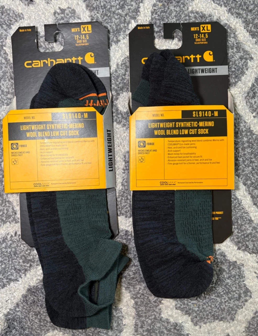Carhartt Lightweight Synthetic Merino Wool Blend Low Cut Socks 2 Pairs XL 12-14