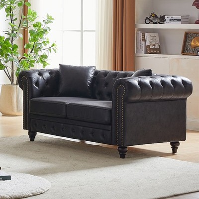 63.5'' Chesterfield Sofa Couch High-tech Fabric Button Tufted Loveseat Sofa Black