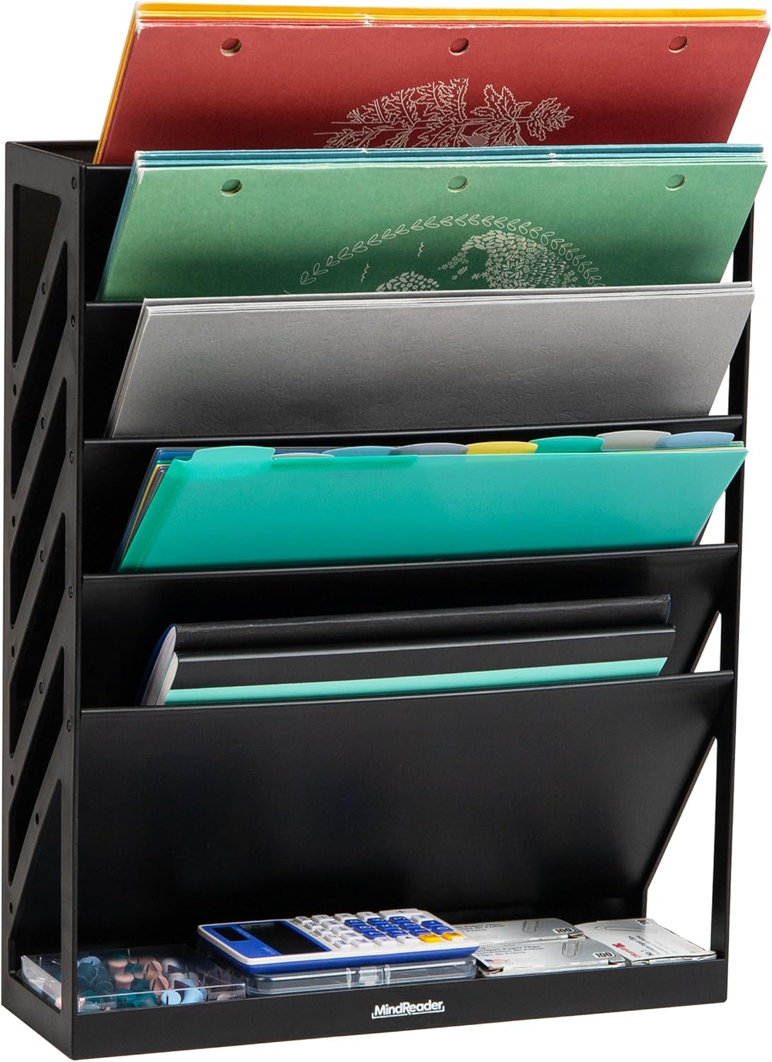 5-Tier Black Plastic Vertical File Organizer for Desktop or Wall Mount