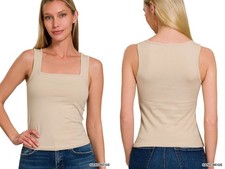 Square Neck Soft Medium Weight Cotton Tank Wide Strap Full Back Sleeveless Top