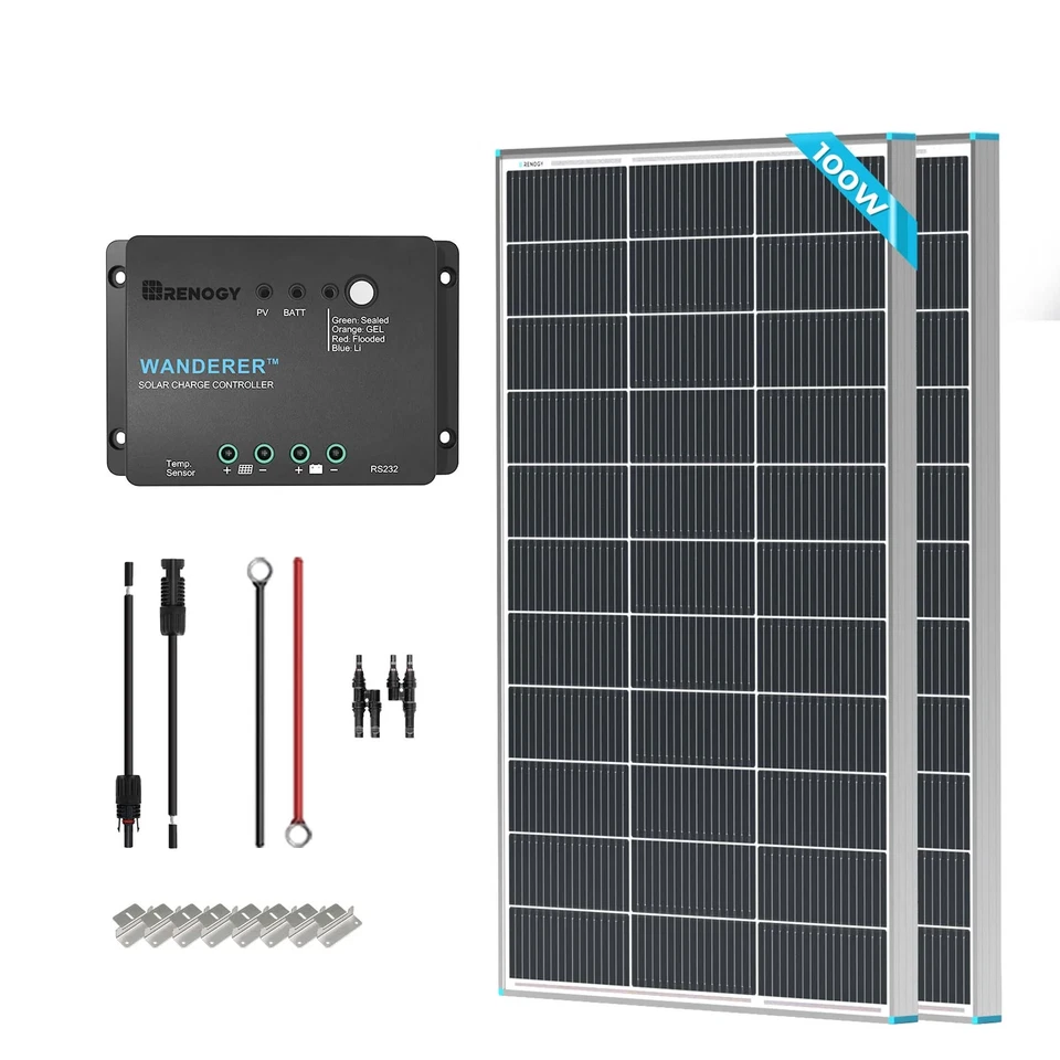 Renogy 200W Solar Panel Kit 12V Mono  w/30A Battery Charge Controller Starter RV