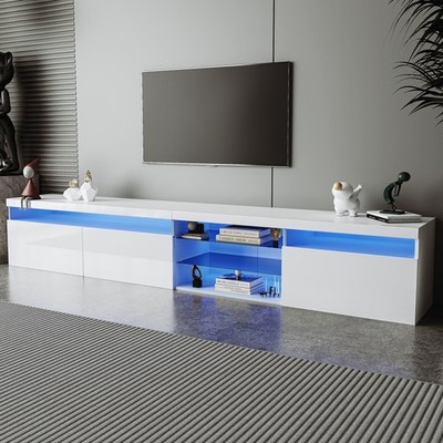 Unique Design TV Stand with 2 Glass Shelves, Ample Storage Space Media Console