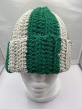 Handmade Crochet Beanie Green/Gray Stripes Acrylic Yarn, Unisex Adult Hat