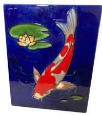 Hand Painted Cobalt Blue Glazed Ceramic Koi Fish & Lotus 11" x 14" Art Wall Tile