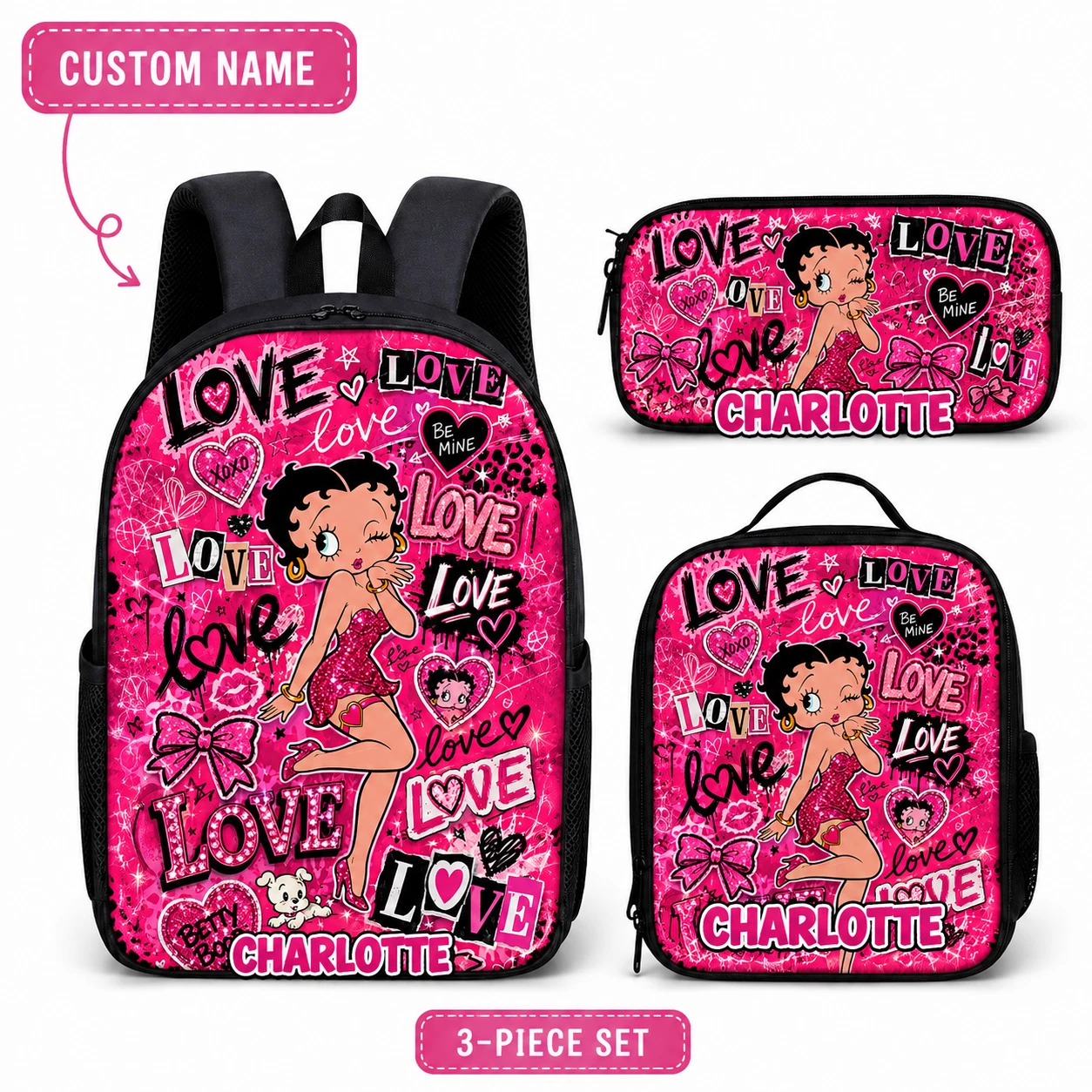 Personalized Pink School Bag Set Backpack Lunch Tote Pencil Pouch for Girls