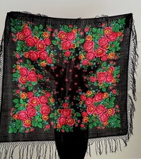 Vintage wool square floral shawl, 1970s, traditional headwear of Ukraine, Poland