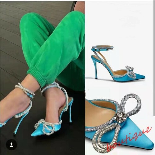Mujeres Satén Punta Estrás Pajarita Baile de graduación Zapatos Sandalias con cordones 12 colores - Imagen 17 de 21