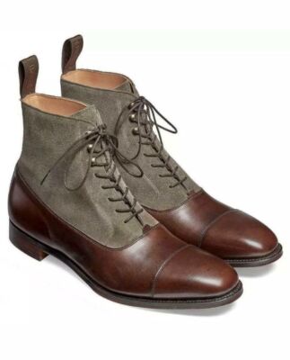 Handmade Men Balmoral Brown Cowhide Leather Gray Suede Cap Toe Ankle High Boots