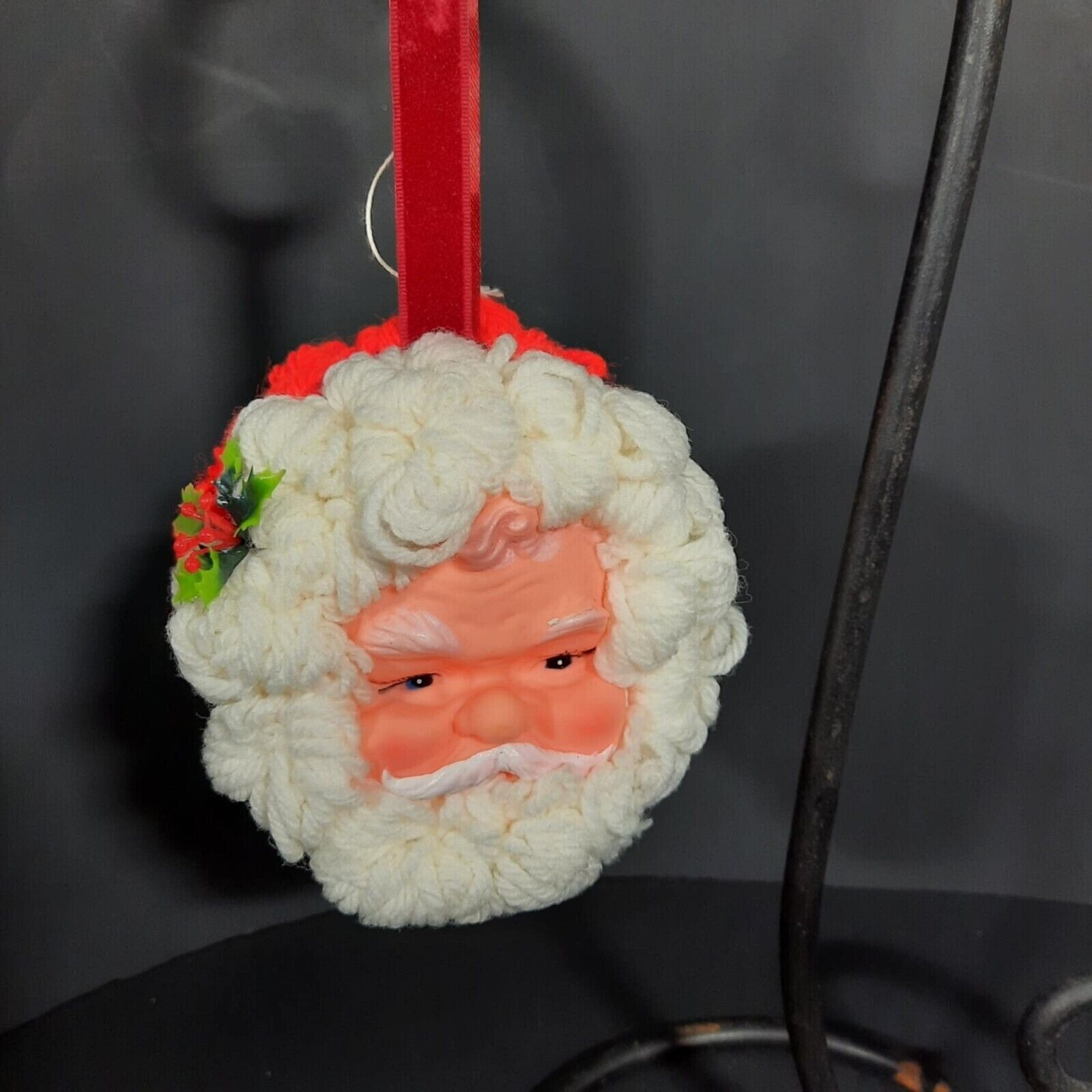 Vintage Santa Claus Head Ornament With Red Ribbon & Yarn