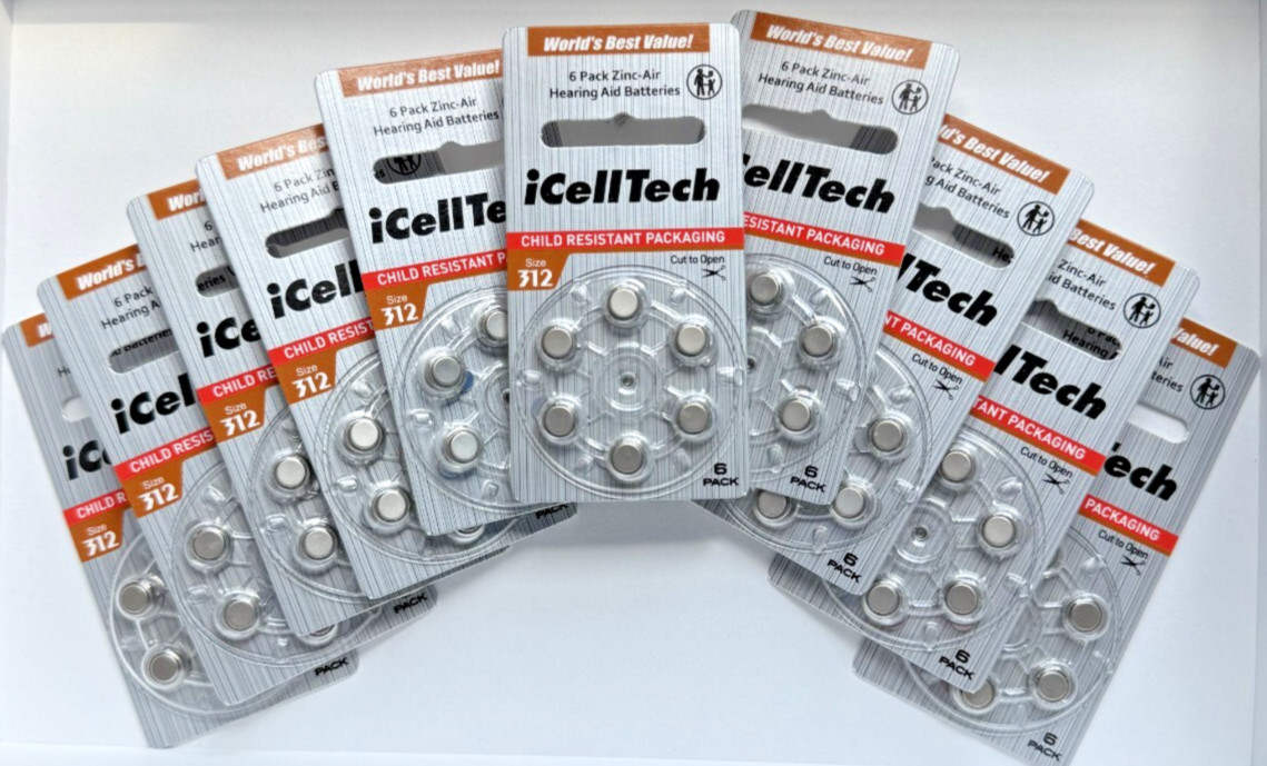 iCellTech Size 312 Mercury Free Hearing Aid Batteries 60 Bat
