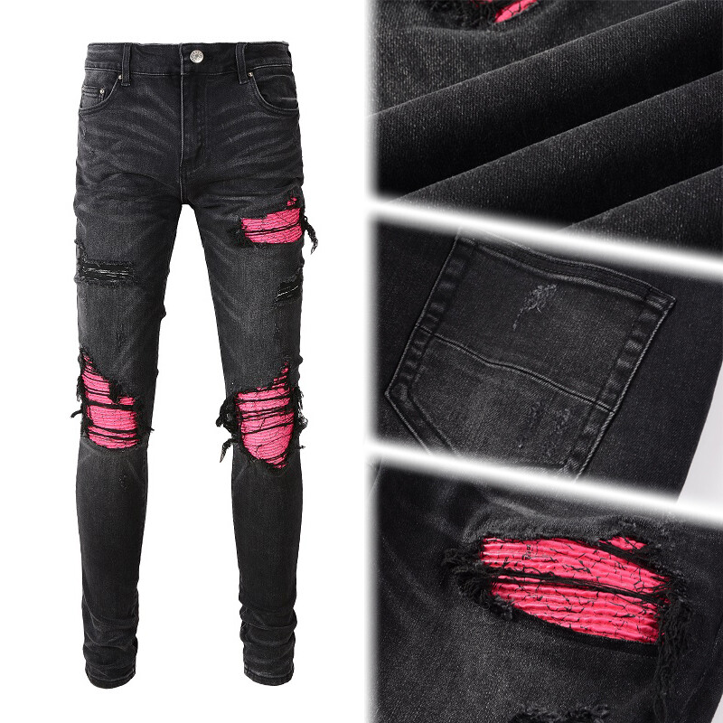 With Pink Patchwork Rips, Raw Hem, Button Waist