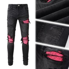 Men's Black Skinny Stretch Jeans with Pink Patchwork Rips, Raw Hem, Button Waist