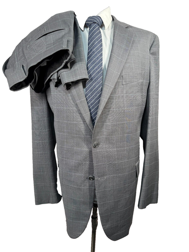 STAFFORD Mens Gray WINDOW-PANE CHECK Flat Front 2 Pc Suit 46L Jacket 38x30 Pant - 第 1/14 張圖片