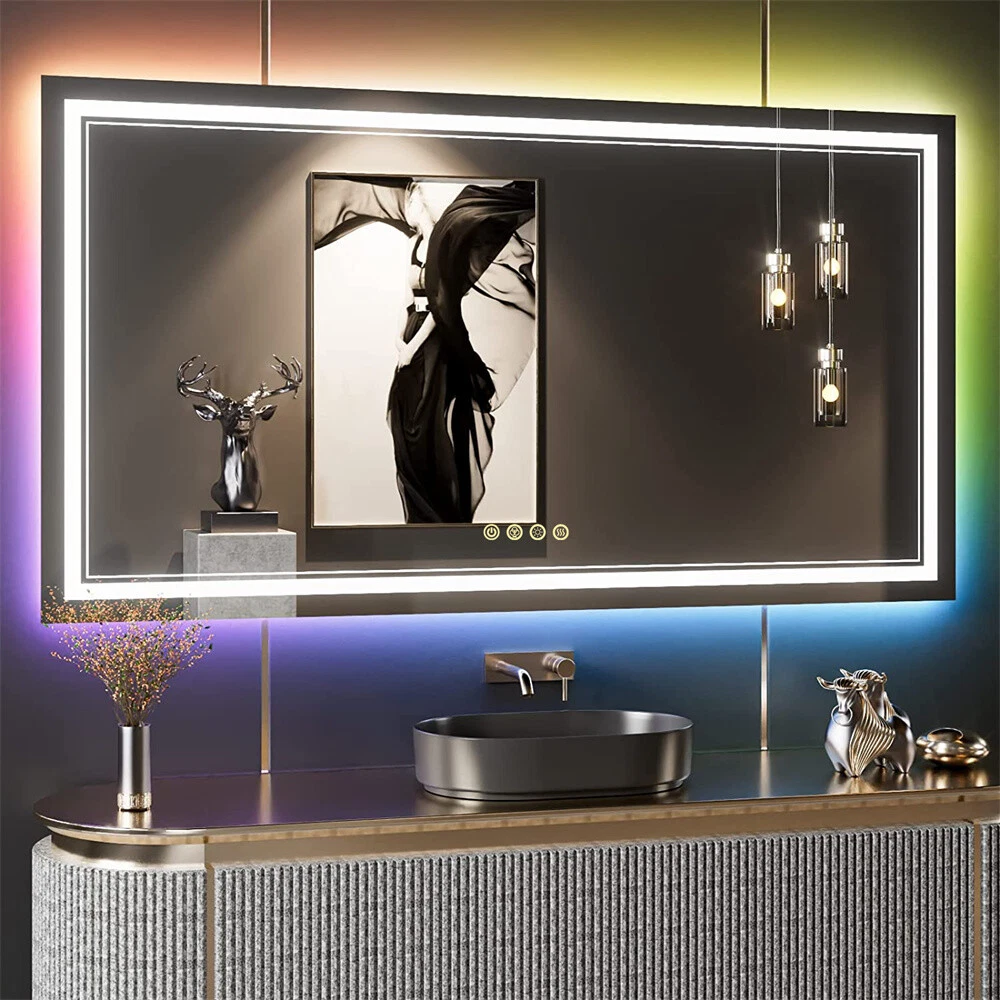 RGB LED Bathroom Mirror with Lights Vanity Wall Mirrors Dimmable Smart Anti- Fog