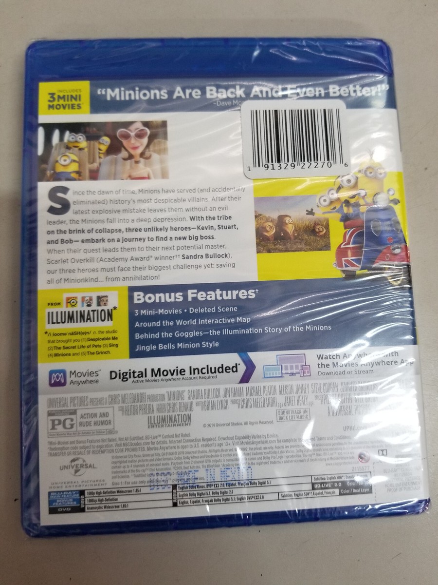Minions (with 3 Mini Movies) (Blu-ray + DVD + Digital) Brand New