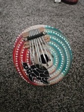 VINTAGE THUMB PIANO HAND MADE COCONUT 5" GREENS / REDS/WHITES With Turtle