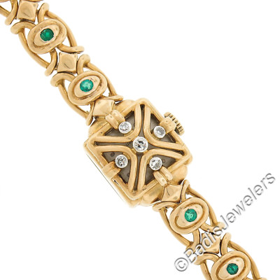 Vintage Gubelin 14mm Watch 18k Yellow Gold Diamond & Emerald Link Bracelet