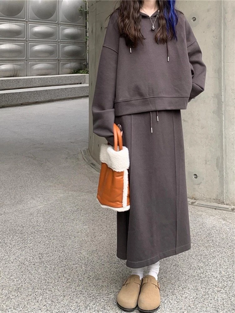 Women Sweatshirt Suits Set Long Sleeve Coat Tops Long Skirt Sets