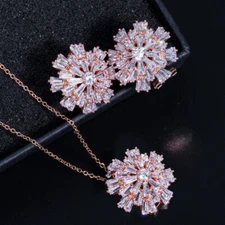 585 Rose Gold Cubic Zirconia Big Snowflake Earrings Pendant Necklace Jewelry Set