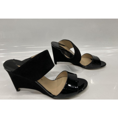 Paul Andrew Black Open Toe Patent Velvet Wedge Sandalspau