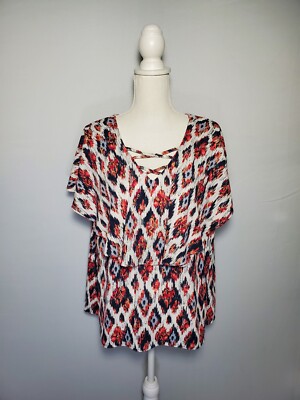 C Est 1946 Cato Colorful Red Blue Ikat Print Tank W/ Built In Cape Womens XL.