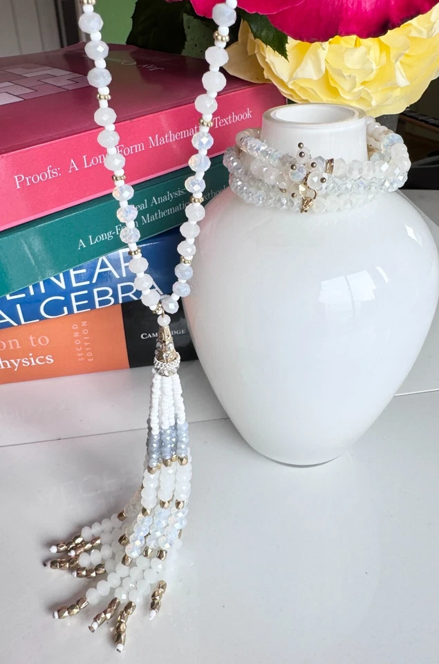 Elegante collar/Brc de cuentas de cristal facetado natural blanco/dorado/gris claro curativo Foto 3 de 4