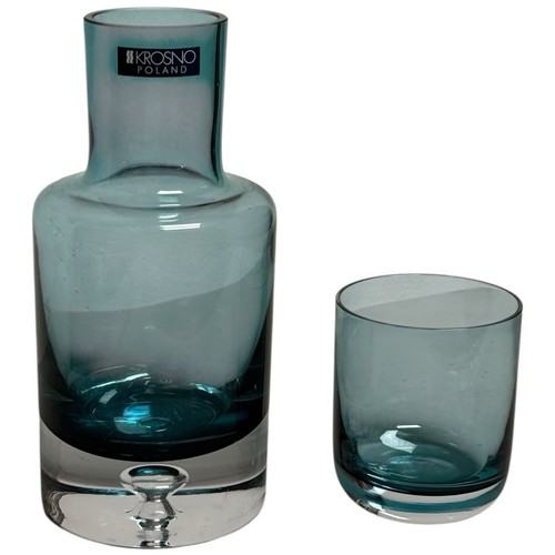 Vintage Krosno Poland Blue Glass Tumble Up Bedside Carafe Bubble Blown Base MCM - Picture 5 of 8