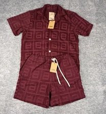 OAS Burgundy Terrace Terry Shirt + Shorts Set Mens L Heavyweight Jacquard Soft