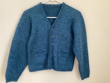 Vintage Boiled Wool Cardigan Sweater Child s Blue Preppy Academia Pockets