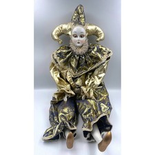 VTG Venetian Jester Doll Porcelain Face Gold Costume Necklace Posable 28" Tall